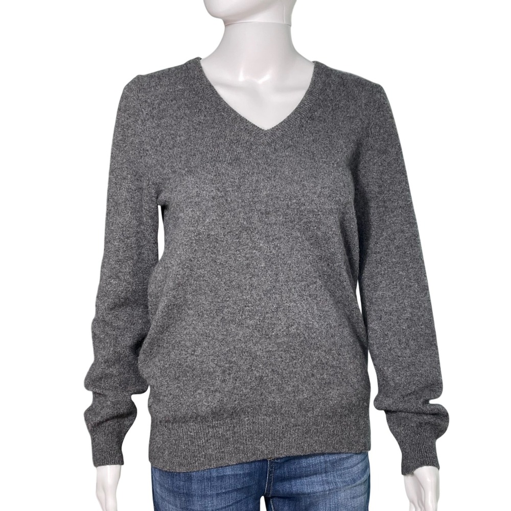 Only Mine 100% Cashmere Sweater Women Large Gray 2-Ply V-Neck Long Sleeve Luxury